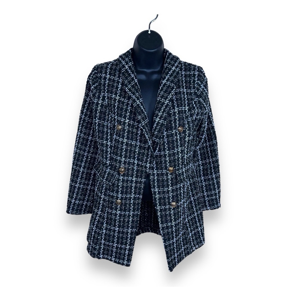 SMALL CBR BLAZER TWEED GOLD BUTTONS ACADEMIA PREPPY BLACK WHITE SILVER
